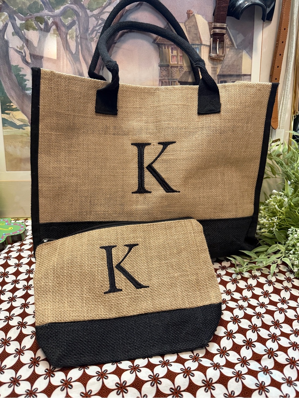 Monogram K Burlap Tote and Pouch Set in Natural and Black
